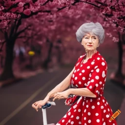 craiyon 011144 an older woman with ashen luxurious hair  in a red summer dress with white polka dots