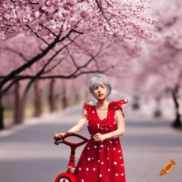 craiyon 011147 an older woman with ashen luxurious hair  in a red summer dress with white polka dots