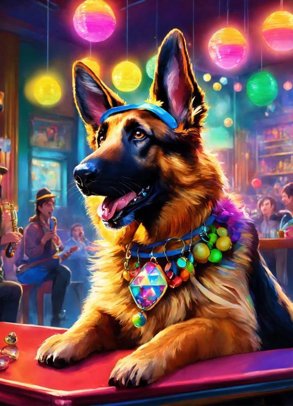 german-shepherd-in-a-disco-bar-with-a-snail-and-a-